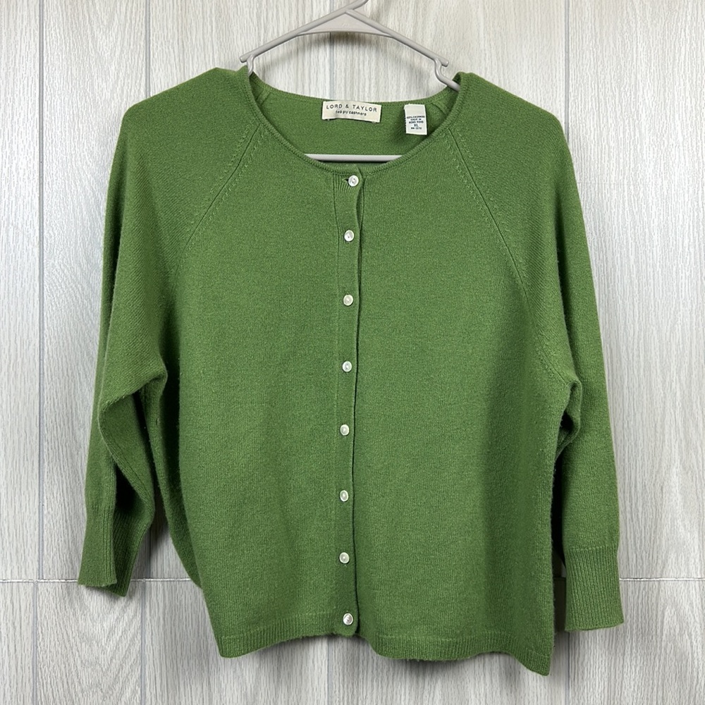 Lord & Taylor Womens Green Cardigan Sweater Small Two Ply Cashmere Button Soft